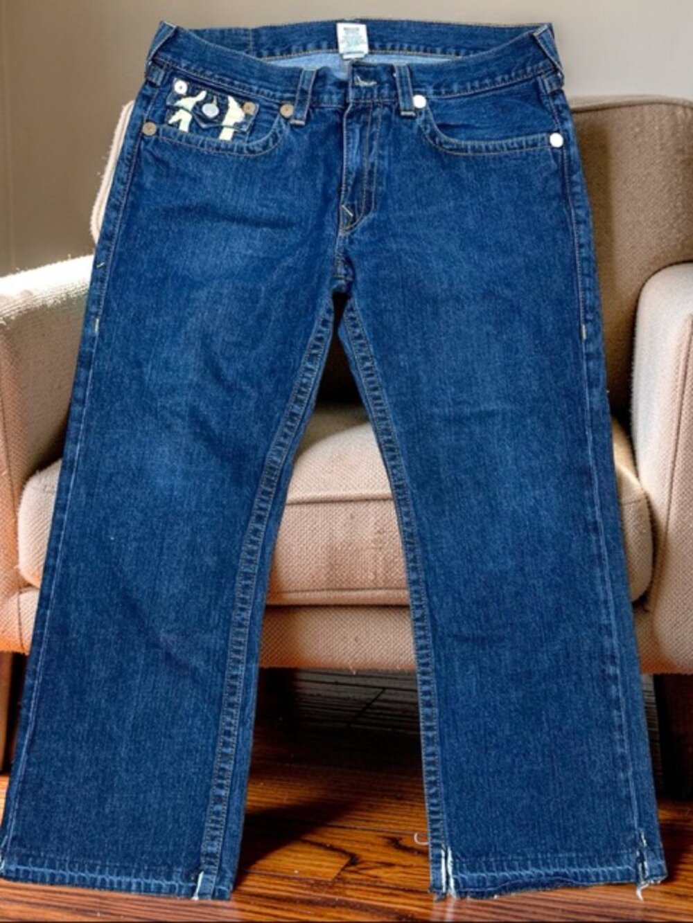Y2K Baggy USA Made True Religion Men Blue Jeans 38" (Fit 40"x29") Raw Legs(84) - Picture 2 of 15
